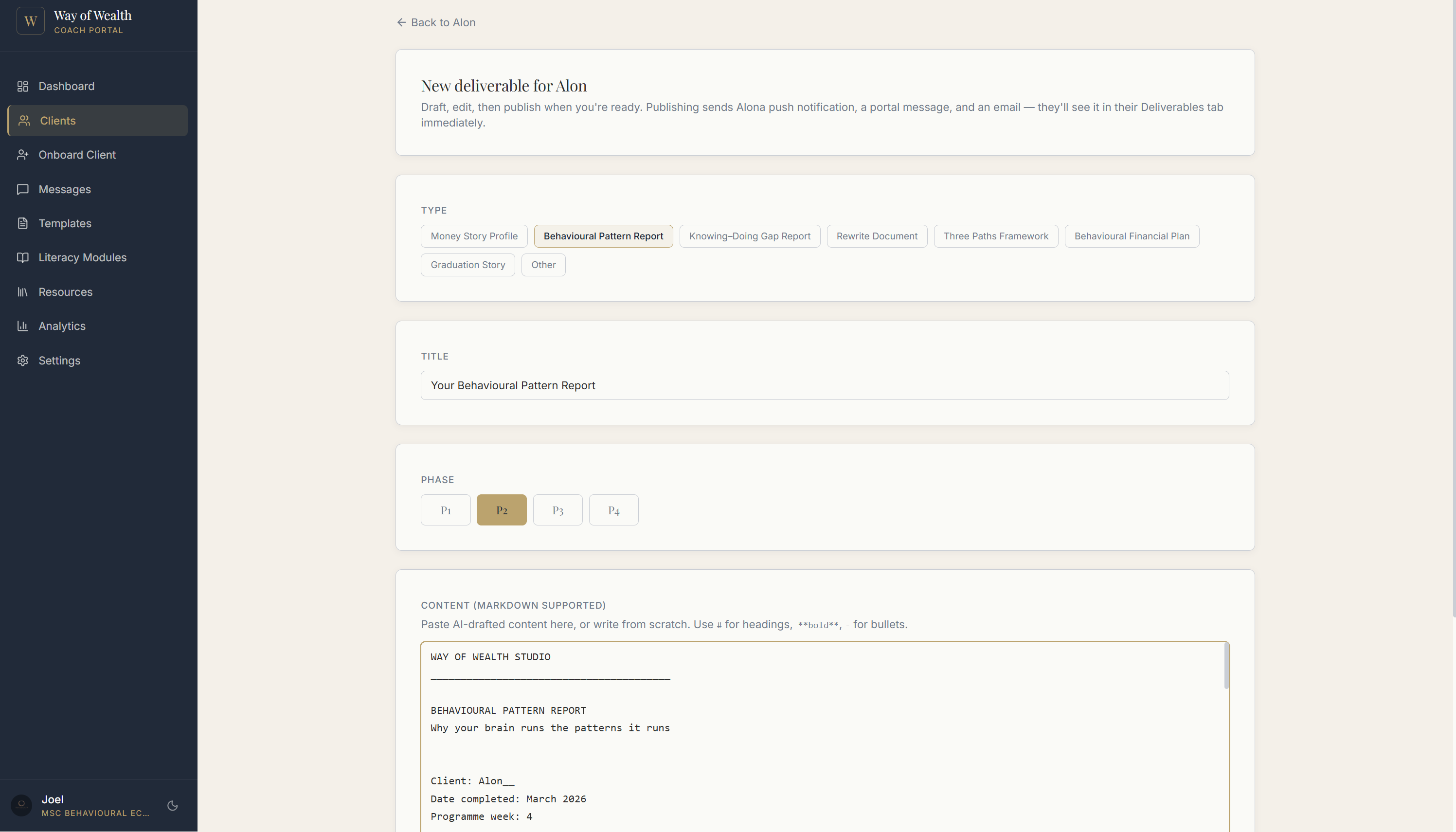Deliverable editor — Behavioural Pattern Report being drafted
