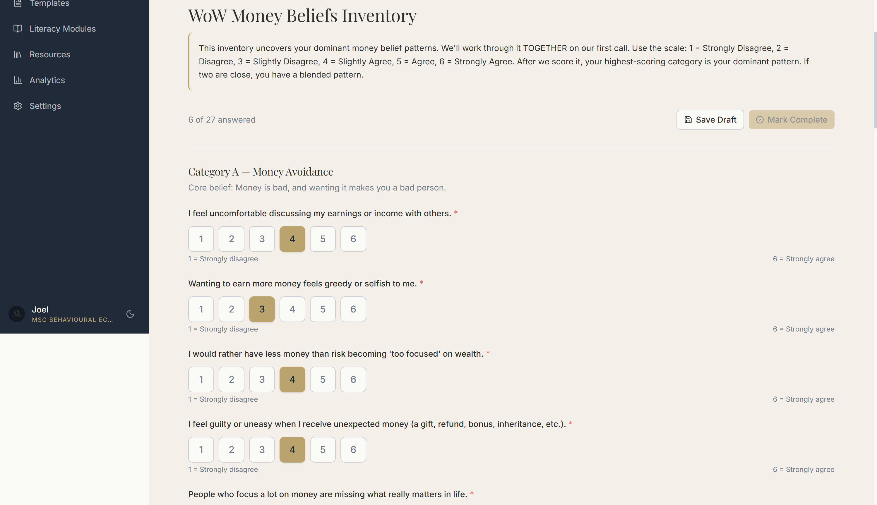 Interactive worksheet mid-fill — WoW Money Beliefs Inventory